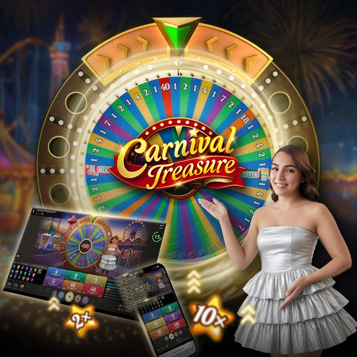 Graphic promoting SA Gaming's 'Carnival Treasure' game, featuring a woman in white and red on the right, a screen and smartphone displaying the game on the left, set against a carnival background.